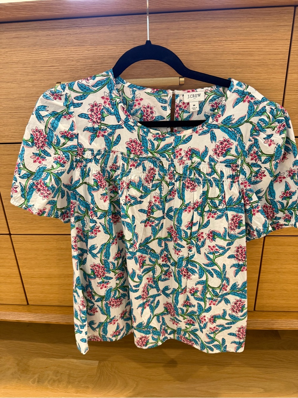 J. Crew Floral Pintuck Short Sleeve Top in Cream with Pink & Teal Print